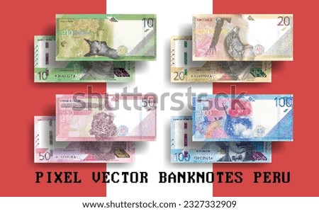 Vector pixel mosaic set of banknotes of Peru. Bills of 10, 20, 50 and 100 Peruvian sols. Flyers or play money.