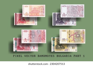 Vector pixel mosaic set of Bulgaria banknotes. Bills in denominations of 1, 2, 5 and 10 lev. Part one.