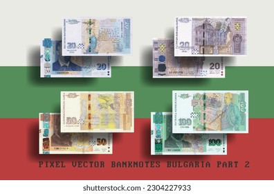 Vector pixel mosaic set of Bulgaria banknotes. Bills in denominations of 20, 50 and 100 lev. Part two.