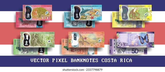 Vector pixel mosaic set of Costa Rica banknotes. Bills in denominations of 1000, 2000, 5000, 10000, 20000 and 50000 colones. Flyers or play money.