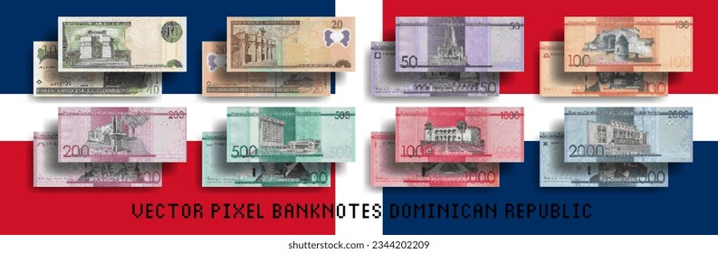 Vector pixel mosaic set of Dominican Republic banknotes. Bills in denominations of 10, 20, 50, 100, 200, 500, 1000 and 2000 pesos. Flyers or play money.