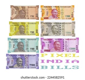 Vector pixel mosaic set of Indian banknotes. Paper money in denominations from 10 to 2000 rupees on a white isolated background. Gaming square bills.