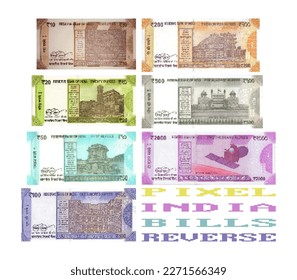 Vektorpixelmosaiksatz indischer Banknoten. Umkehrtes seitliches Papiergeld in Stückelungen von 10 bis 2000 Rupien auf weißem, isoliertem Hintergrund. Spielekosten.