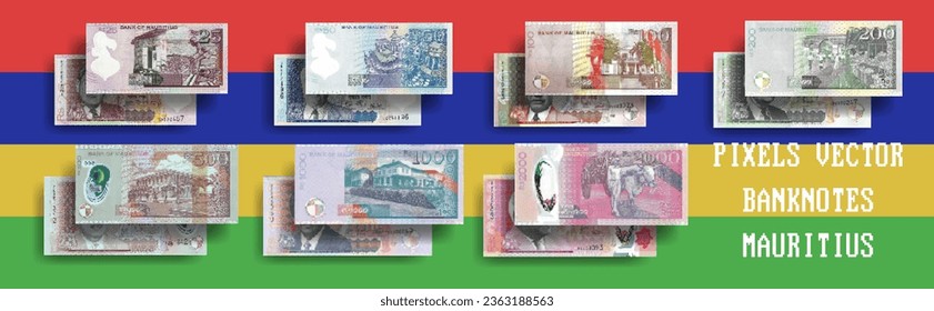 Vector pixel mosaic set of Mauritius banknotes. Bills in denominations of 25, 50, 100, 200, 500, 1000 and 2000 rupees. Collection of game money or flyers.