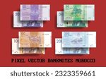 Vector pixel mosaic set of Morocco banknotes. Notes in denominations of 20, 50, 100 and 200 Moroccan dirhams. Flyers and play money.