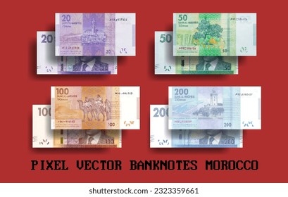 Conjunto de mosaicos de píxeles vectoriales de billetes marroquíes. Notas en denominaciones de 20, 50, 100 y 200 dirhams marroquíes. Volantes y dinero.