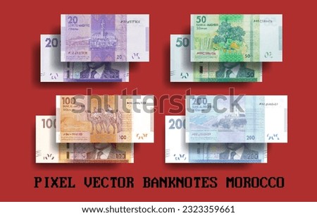 Vector pixel mosaic set of Morocco banknotes. Notes in denominations of 20, 50, 100 and 200 Moroccan dirhams. Flyers and play money.