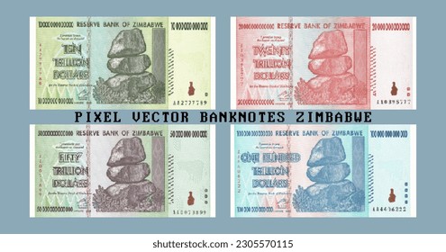 Vector pixel mosaic set of obsolete banknotes of Zimbabwe. Denominations of 10, 20, 50 and 100 trillion dollars. Obverse bills.