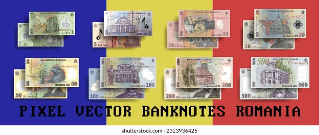 Conjunto de mosaicos de píxeles vectores de billetes de plástico rumanos. La denominación de los billetes es 1, 5, 10, 20, 50, 100, 200 y 500 lei rumanos. Volantes o dinero.