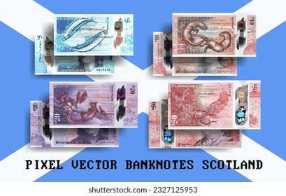 Conjunto de mosaicos de píxeles vectoriales de los billetes escoceses. Notas en denominaciones de 5, 10, 20 y 50 libras escocesas. Banco real. Volantes o dinero.