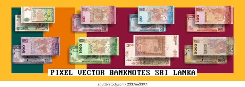 Vector pixel mosaic set of Sri Lanka banknotes. Notes in denominations of 10, 20, 50, 100, 500, 1000, 2000 and 5000 Sri Lankan rupees. Flyers or play money.