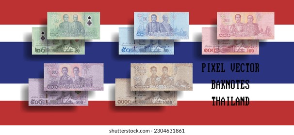 Vector pixel mosaic set of Thailand banknotes. Bills in denominations of 20, 50, 100, 500 and 1000 baht.