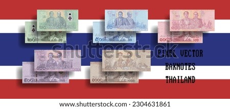 Vector pixel mosaic set of Thailand banknotes. Bills in denominations of 20, 50, 100, 500 and 1000 baht.