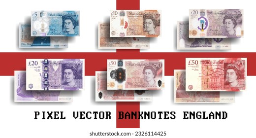 Vector pixel mosaic set of UK banknotes with the Queen. Notes in denominations of 5, 10, 20 and 50 pounds. Flyers or play money.