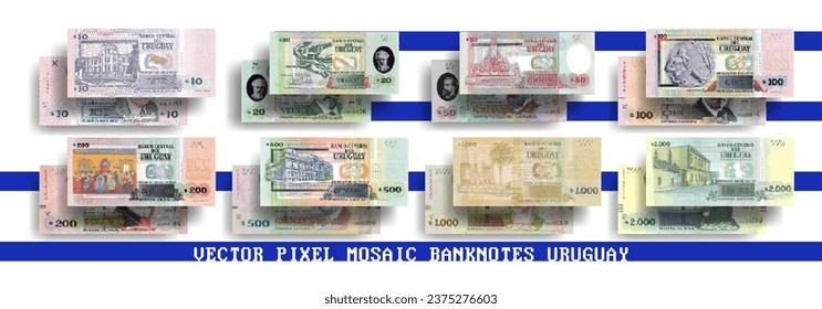 Vector pixel mosaic set of Uruguay banknotes. Collection of bills in denominations of 10, 20, 50, 100, 200, 500, 1000 and 2000 Uruguayan pesos. Play money or flyers.