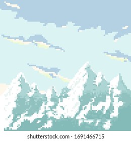 Vector pixel mountains for game background. Pixel art 8 bit. 