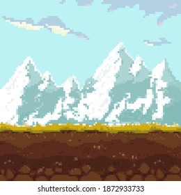 Vector pixel mountains for game background. Pixel art 8 bit. 