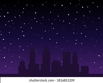 Vector Pixel Night City Background. Pixel Art Background. 8bit