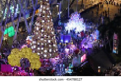vector pixel , night lights of city with Christmas tree in Bangkok Center square , Thailand