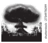 Vector pixel nuclear explosion mushroom cloud with halftone effect on grunge background. Suitable for anti-war posters dedicated to nuclear war. Urban, street art, t-shirt. No AI 
