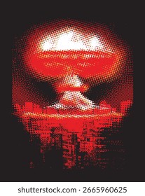 Cogumelo de explosão nuclear de pixel vetorial com efeito de meio-tom no fundo da cidade moderna em cor sangrenta. Adequado para cartazes anti-guerra dedicados à guerra nuclear e poluição ambiental. Sem uso de IA
