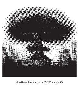 Vector pixel nuclear explosion mushroom cloud with halftone effect on grunge background. Suitable for anti-war posters dedicated to nuclear war. Urban, street art, t-shirt. No AI 