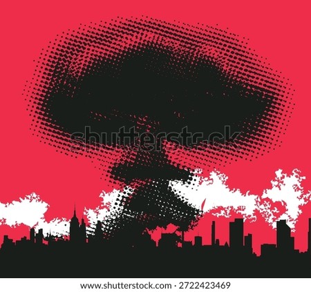 Vector pixel nuclear explosion mushroom cloud with halftone effect on grunge background. Suitable for anti-war posters dedicated to nuclear war and environmental pollution. No AI use
