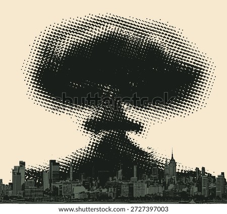 Vector pixel nuclear explosion mushroom cloud with halftone effect on grunge background. Suitable for anti-war posters dedicated to nuclear war and environmental pollution. No AI 