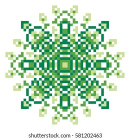 Vector pixel oriental green pattern made of small squares on a white background. Mosaic, background, embroidery, wallpaper, kaleidoscope, mandala. Vector illustration.