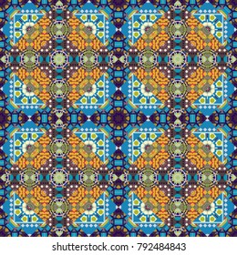 Vector pixel oriental mandala in brown, blue and gray colors. Vector illustration. Seamless pattern made of small squares on the background. Mosaic, embroidery, wallpaper, kaleidoscope, mandala.