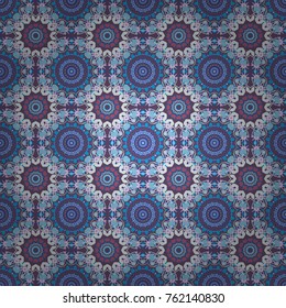 Vector pixel oriental mandala in gray, purple and blue colors. Vector illustration. Seamless pattern made of small squares on the background. Mosaic, embroidery, wallpaper, kaleidoscope, mandala.