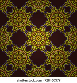 Vector pixel oriental mandala in green, brown and violet colors. Vector illustration. Seamless pattern made of small squares on the background. Mosaic, embroidery, wallpaper, kaleidoscope, mandala.