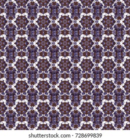 Vector pixel oriental mandala in violet, brown and white colors. Vector illustration. Seamless pattern made of small squares on the background. Mosaic, embroidery, wallpaper, kaleidoscope, mandala.