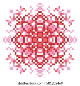 Vector pixel oriental red-pink pattern made of small squares on a white background. Mosaic, background, embroidery, wallpaper, kaleidoscope, mandala. Vector illustration.