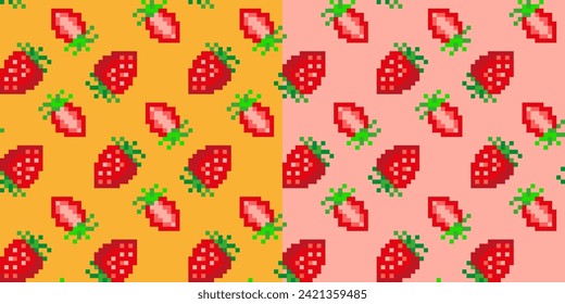 vector pixel pattern of ripe strawberries on yellow and pink backgrounds