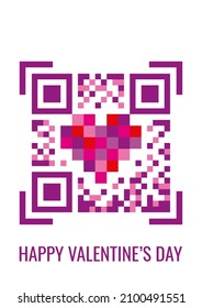 vector pixel pattern in the shape of a heart in pink colors stylized as a qr code isolated on a white background. useful as Valentine's Day card, declaration of love, for web and graphic design, print