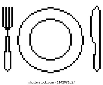 vector pixel picture cutlery isolated. fork, knife and plate.