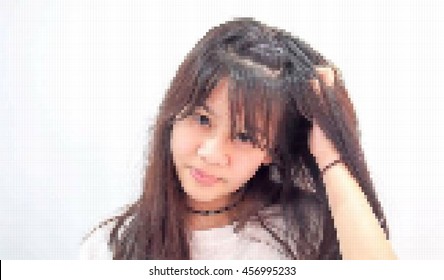 vector pixel , portrait of young Asian woman scratching head, thinking daydreaming deeply about something, looking up, isolated on white background. Human facial expressions, emotions, feelings 