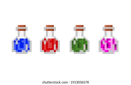 Vector pixel potion bottles. Glass transparent bottle with cork on a white background. Vial of red, blue, green, and pink potion or poison. Restoration of health and magic. Objects for a pixel game