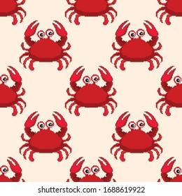 Vector pixel seamless pattern of cute kids crabs. Pixel art 8 bit.
