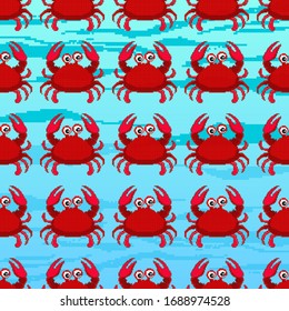 Vector pixel seamless pattern of cute kids crabs. Pixel art 8 bit.