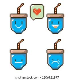 vector pixel style blue cola paper can set isolated on white. Fast food pixel icon set. Game character collection