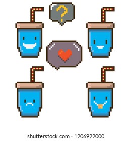 vector pixel style blue cola paper can set isolated on white. Fast food pixel icon set. Game character collection