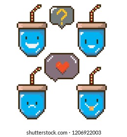 vector pixel style blue cola paper can set isolated on white. Fast food pixel icon set. Game character collection