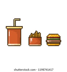 vector pixel style burger and cola can with french fries isolated on white. Fast food pixel icon set