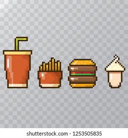 vector pixel style burger , cola can with french fries and ice cream cone isolated on transparent background. kids Fast food pixel icon set