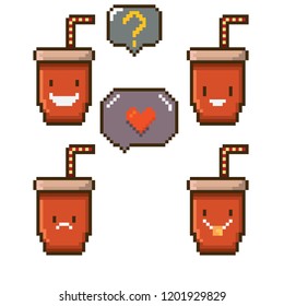 vector pixel style  cola paper can set isolated on white. Fast food pixel icon set. Game character collection