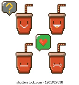 vector pixel style  cola paper can set isolated on white. Fast food pixel icon set. Game character collection