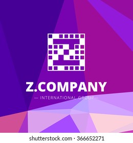 Vector pixel style geometric Z letter logo. Brand sign on low poly background