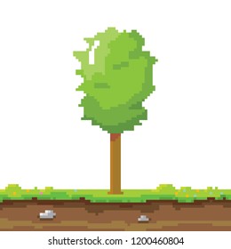 vector pixel style green tree with green grass isolated on white. pixel art concept design element. 8 bit Game scene with green landscape